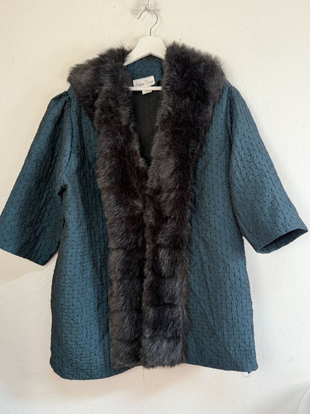 Hosanna Design Womens 5X Teal Textured Beaded Jacket Faux Fur Trim USA Made